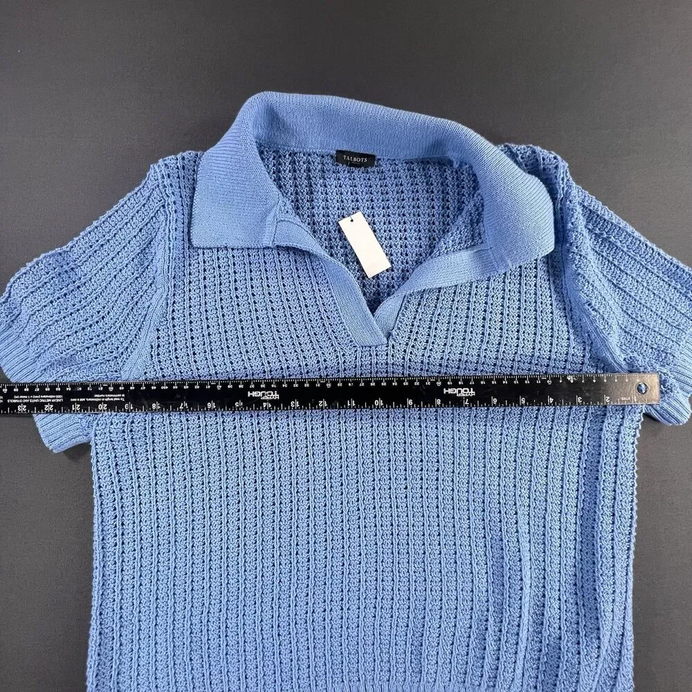 Talbots Light Blue Pointelle Stitch Open Knit Polo Sweater Womens L NWT